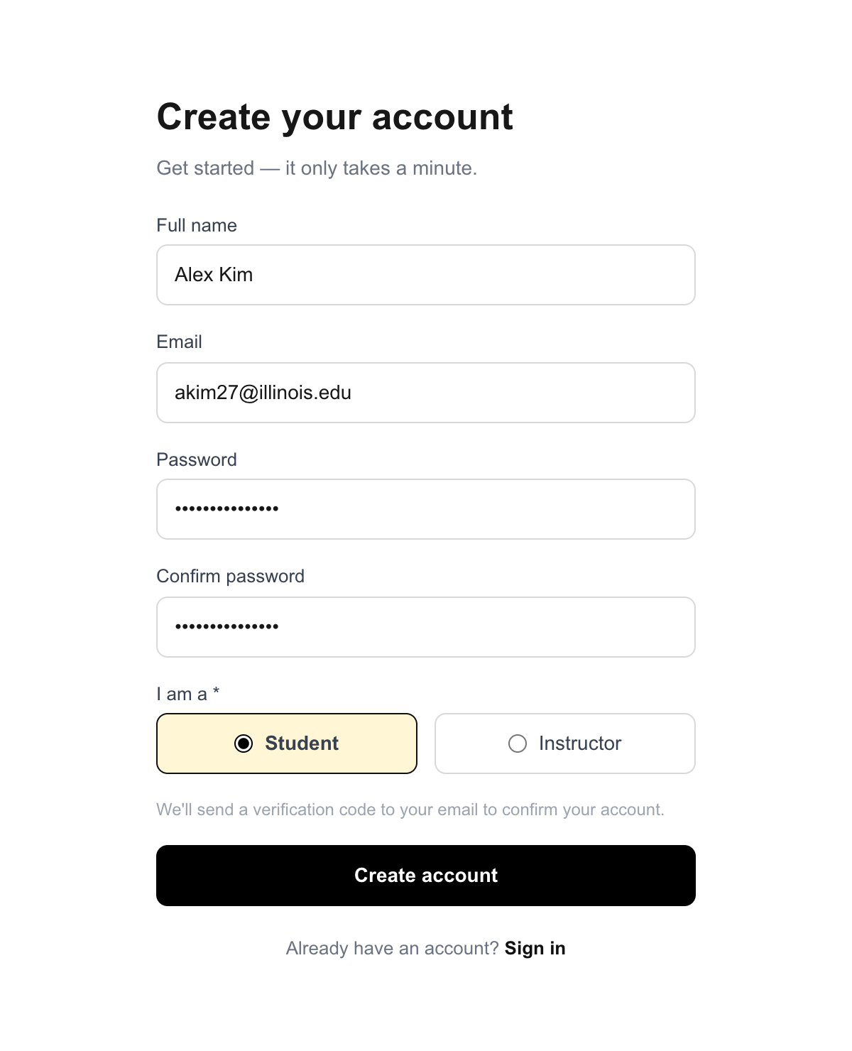 Create your account form filled in, with Student selected