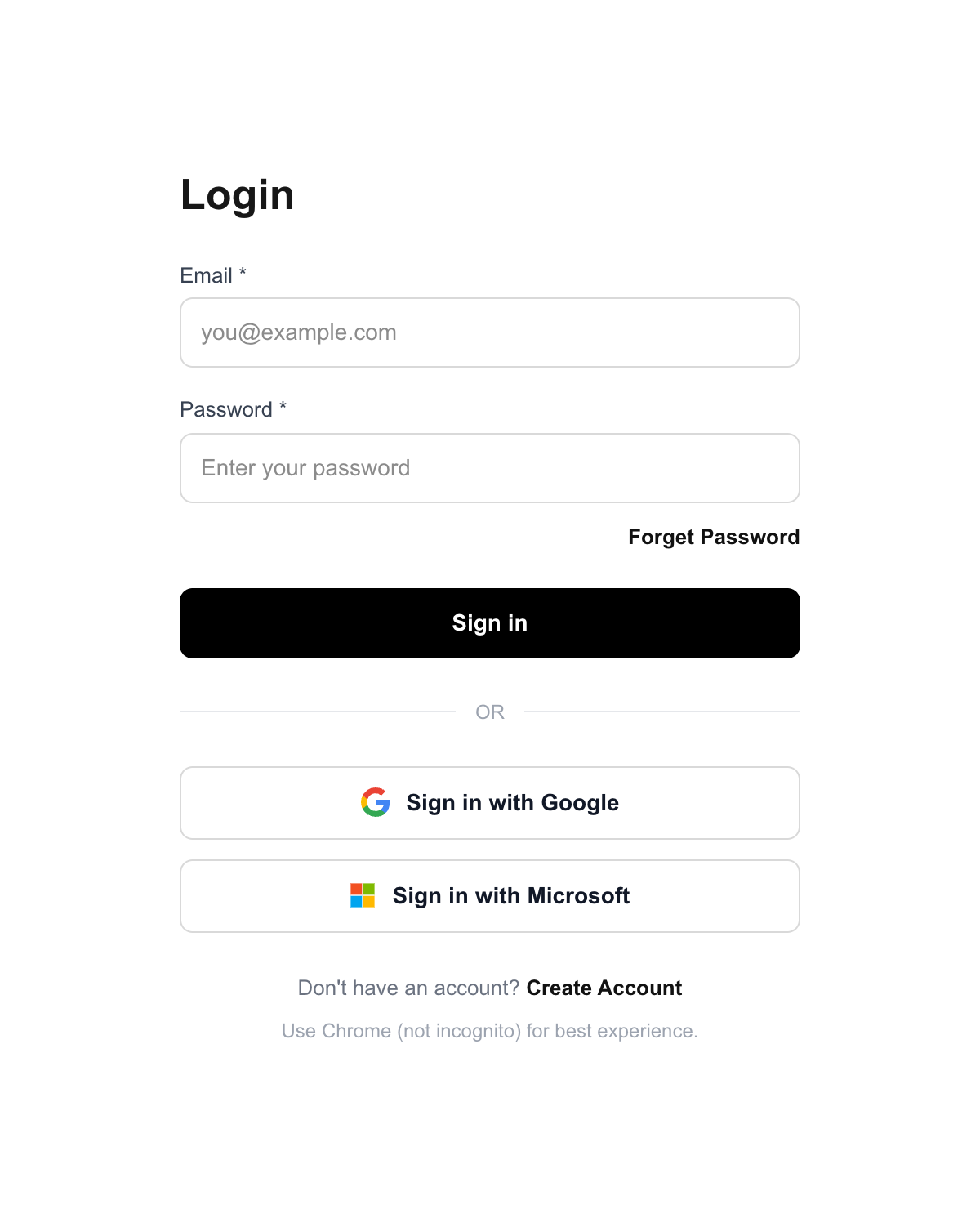 Login page with Email, Password, Sign in, and Sign in with Google / Microsoft buttons