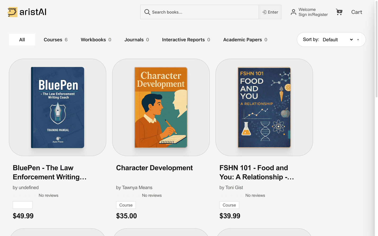 Marketplace grid showing several course books with title, author, and price