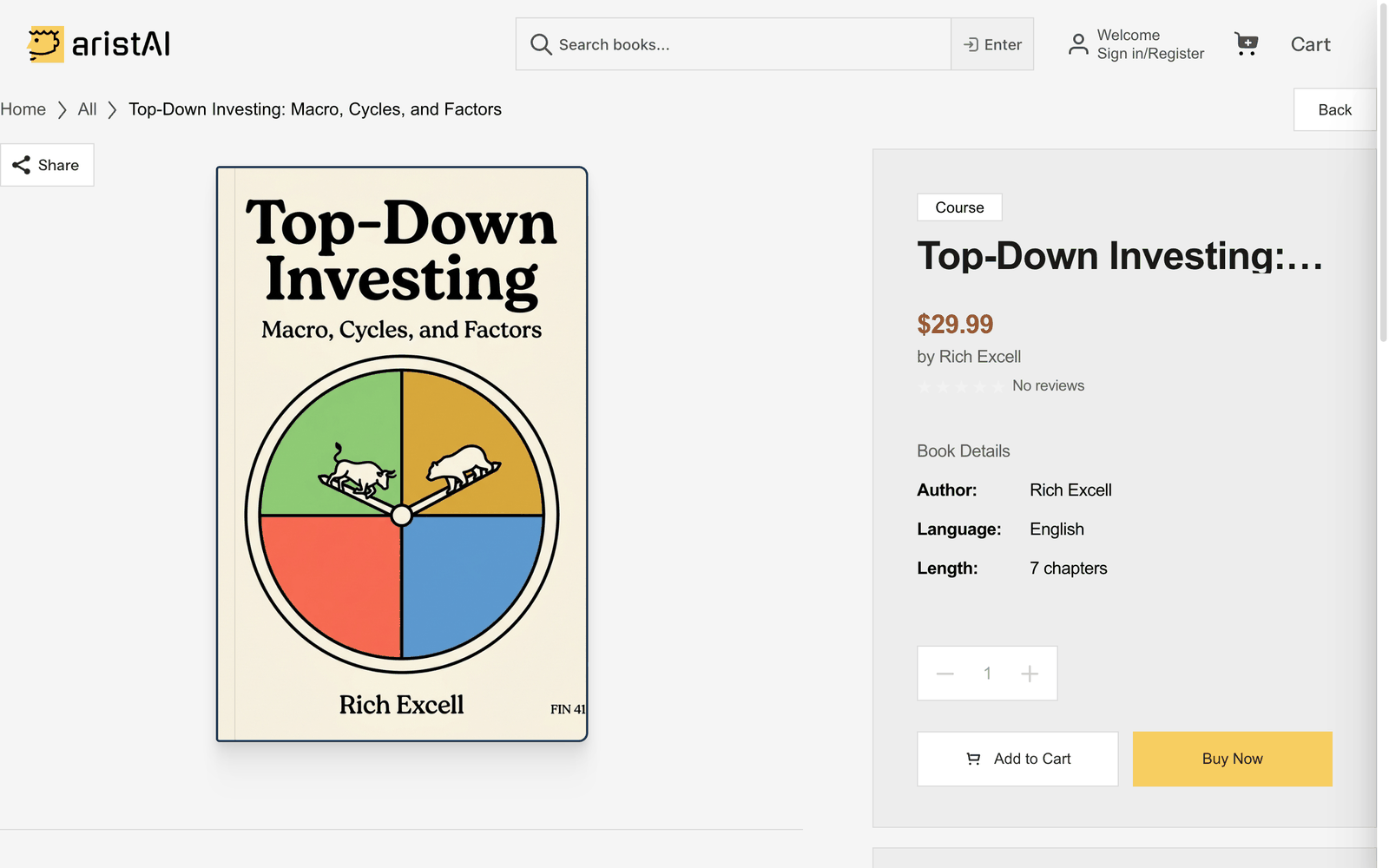 Book detail page with description, price, Add to Cart, and Buy Now buttons