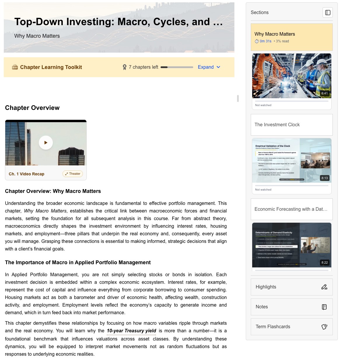 Chapter page: title banner, Chapter Learning Toolkit bar, inline Video Recap player, chapter text, and the sidebar with chapters, video thumbnails, Highlights, Notes, Term Flashcards