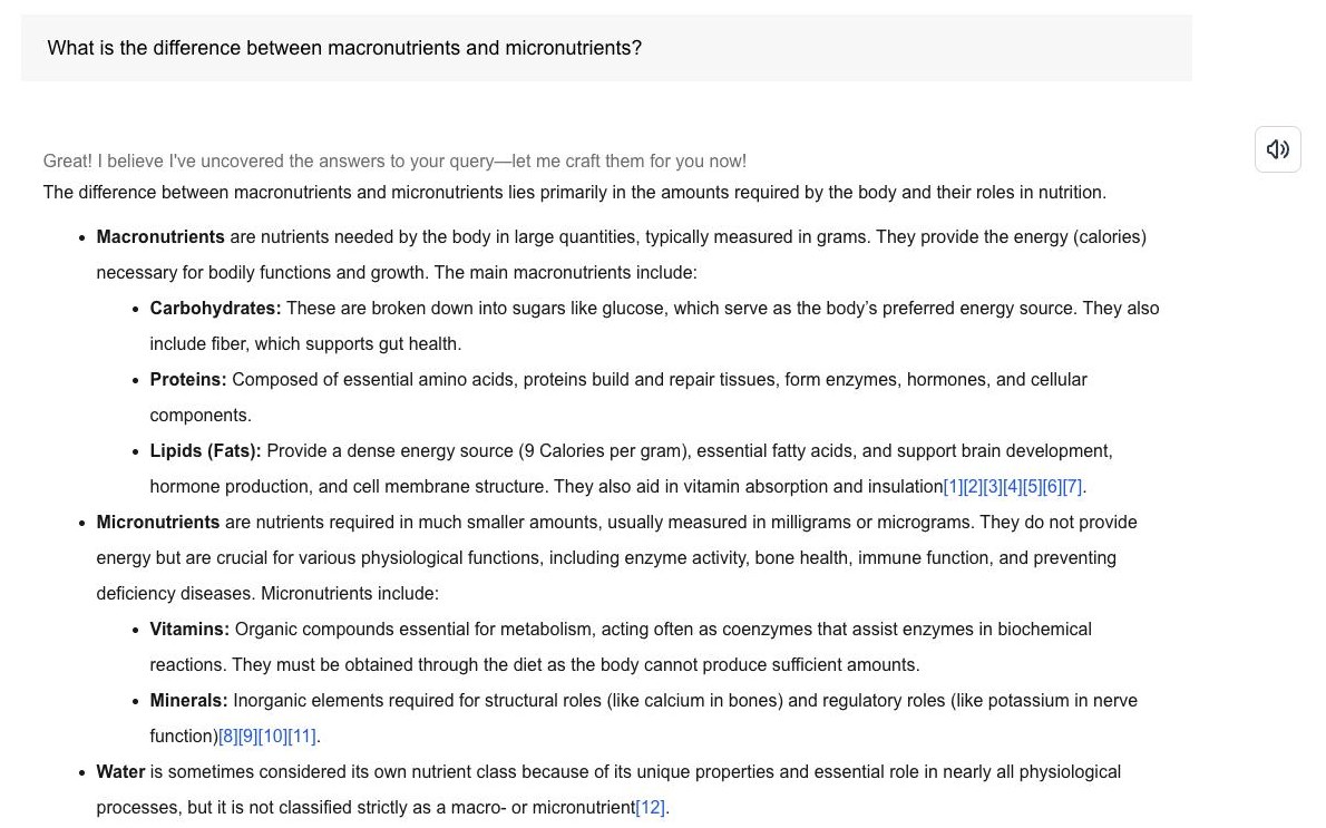 Trained Chatbot answer about macronutrients and micronutrients with numbered citation links and a read-aloud button