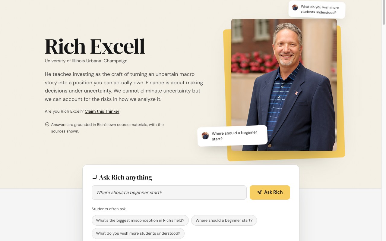 Rich Excell's Thinker page on thinker.aristai.io with an Ask Rich anything box
