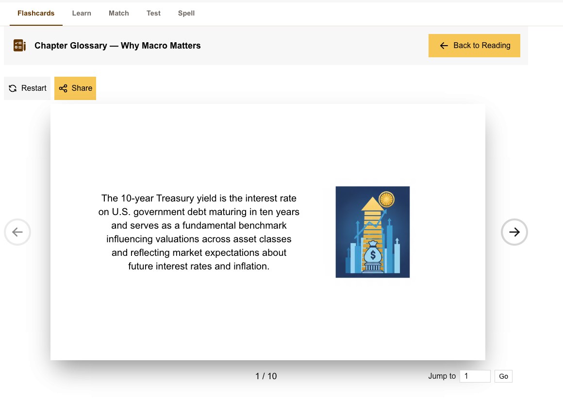 Study screen for a chapter glossary: Flashcards, Learn, Match, Test, Spell tabs, a flashcard with definition and picture, Restart and Share buttons
