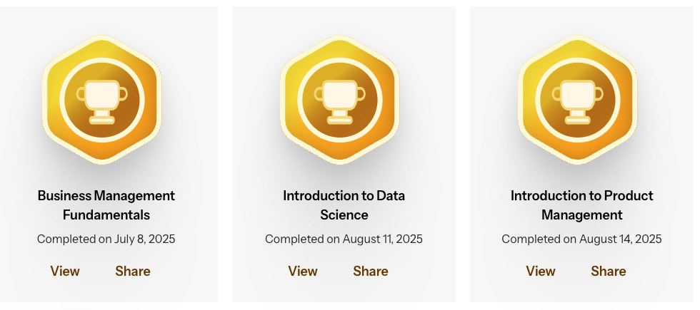 Certificate cards with a gold badge, course name, completion date, and View and Share links